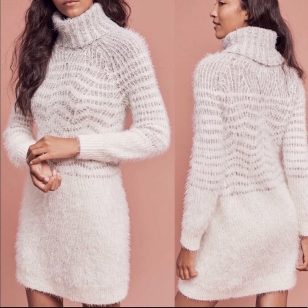 Anthropologie Turtleneck Sweater Dress Eyelash Texture White Fall Winter Size S